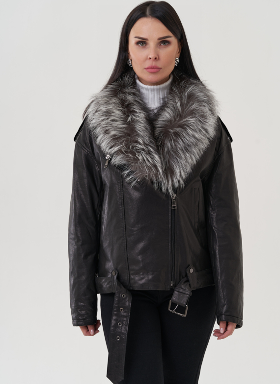 Женская куртка из натуральной кожи с отделкой из чернобурки