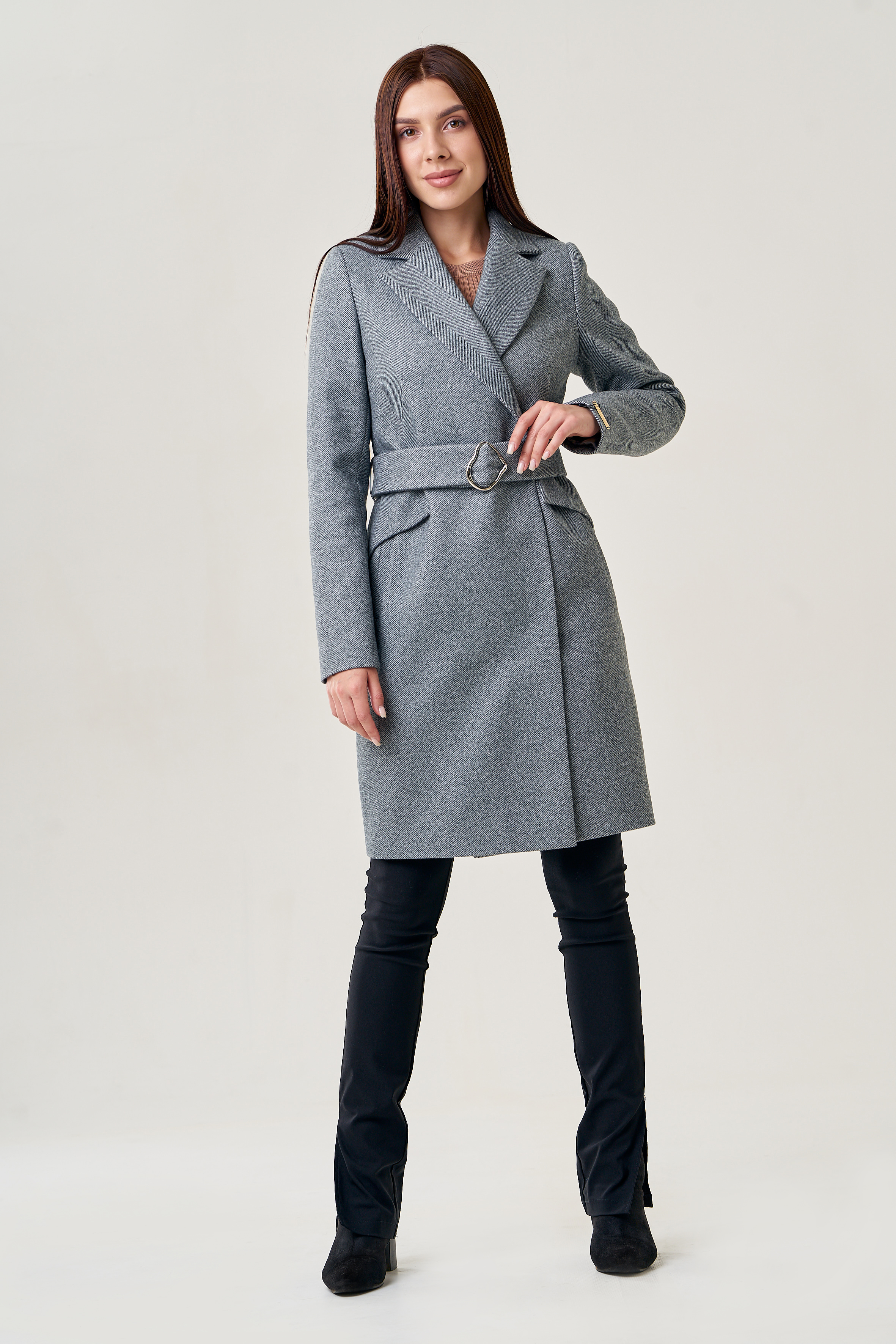 Женское пальто серого цвета с поясом 75566 (серый) купить в интернет-магазине с доставкой