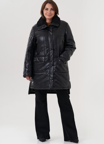 Пуховик из эко кожи с отделкой воротника