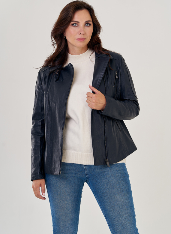 Куртка косуха из натуральной кожи в синем цвете