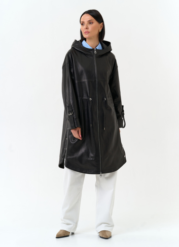 Женский плащ из натуральной кожи с капюшоном