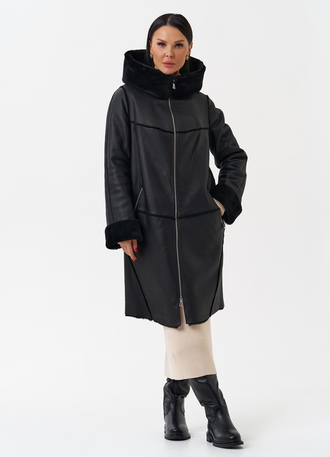 Натуральная дубленка с капюшоном модель № 28958 меха малина