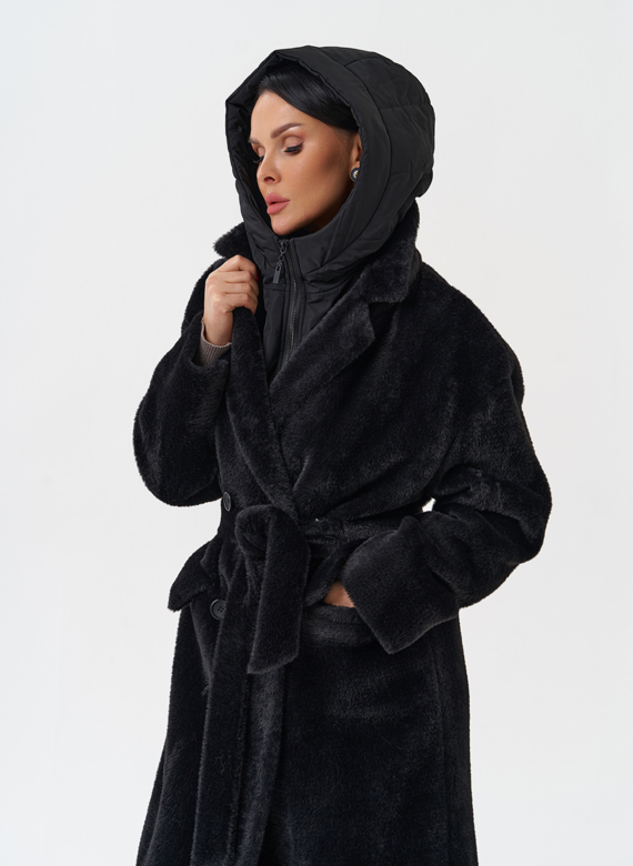 Женское ворсовое пальто с капюшоном