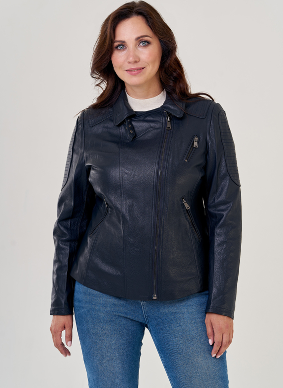 Куртка косуха из натуральной кожи в синем цвете