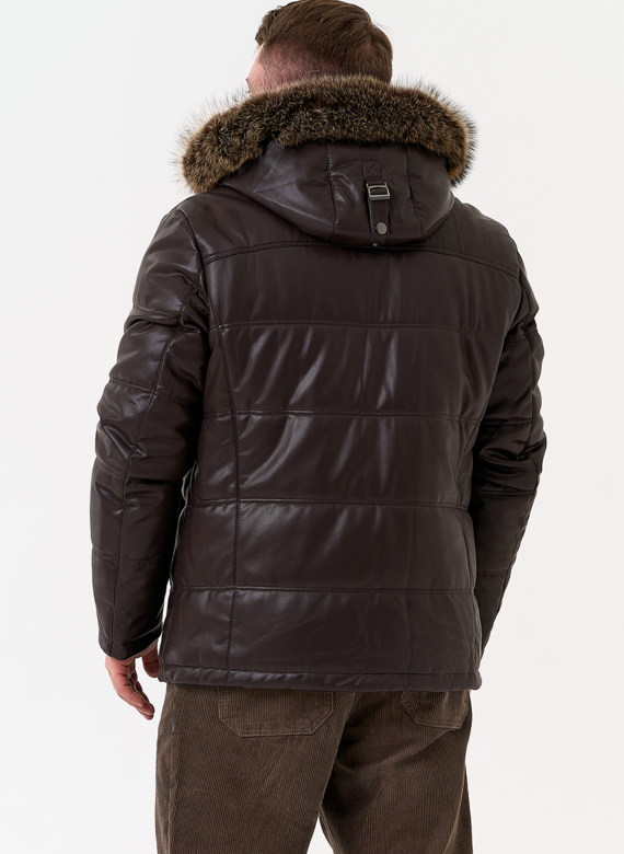 Пуховик из эко кожи с капюшоном из меха енота Пуховик из эко кожи с капюшоном из меха енота