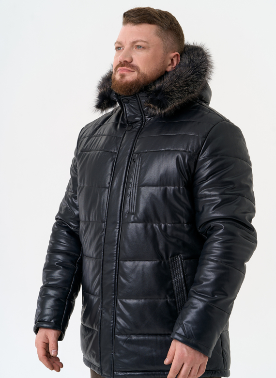 Пуховик из эко кожи с капюшоном из меха енота Пуховик из эко кожи с капюшоном из меха енота