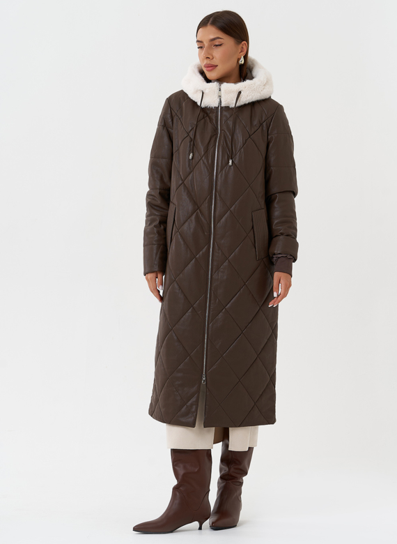 Пуховик из эко кожи с капюшоном