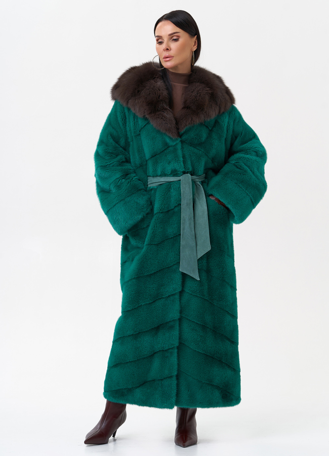 фото Норковая шуба с капюшоном из меха куницы модель № 29253