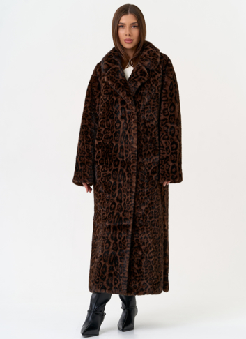 Длинная шуба из эко меха с анималистическим принтом