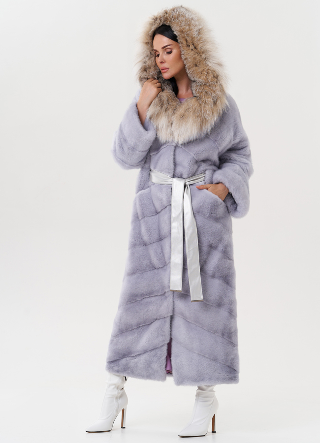 Женская норковая шуба с капюшоном из меха рыси модель № 27570 меха малина