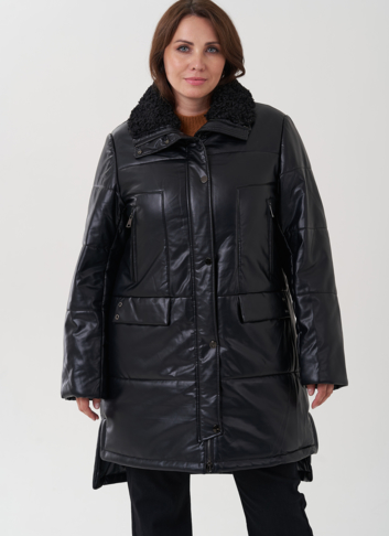 Пуховик из эко кожи с отделкой воротника