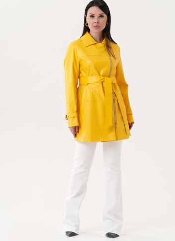 Удлиненный жакет из эко кожи с поясом