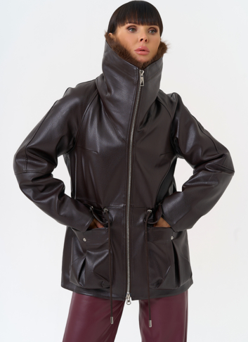 Удлиненная куртка из эко кожи с воротником из эко меха