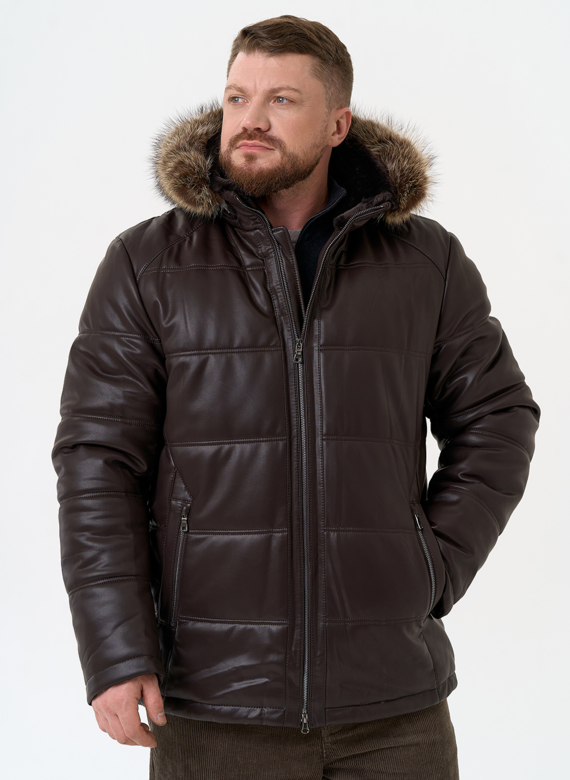 Пуховик из эко кожи с капюшоном из меха енота Пуховик из эко кожи с капюшоном из меха енота