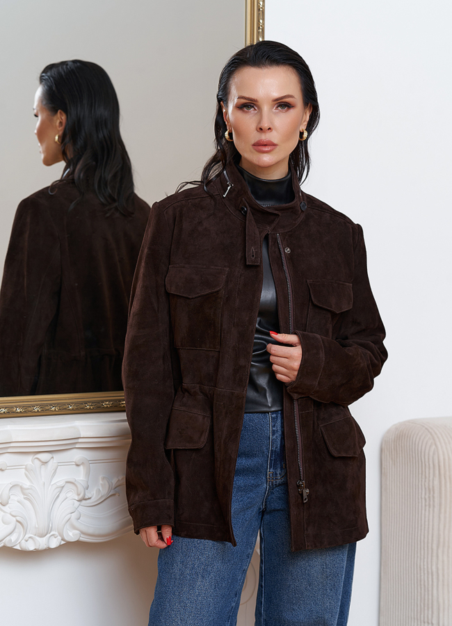 Замшевая куртка сафари модель № 29917 меха малина