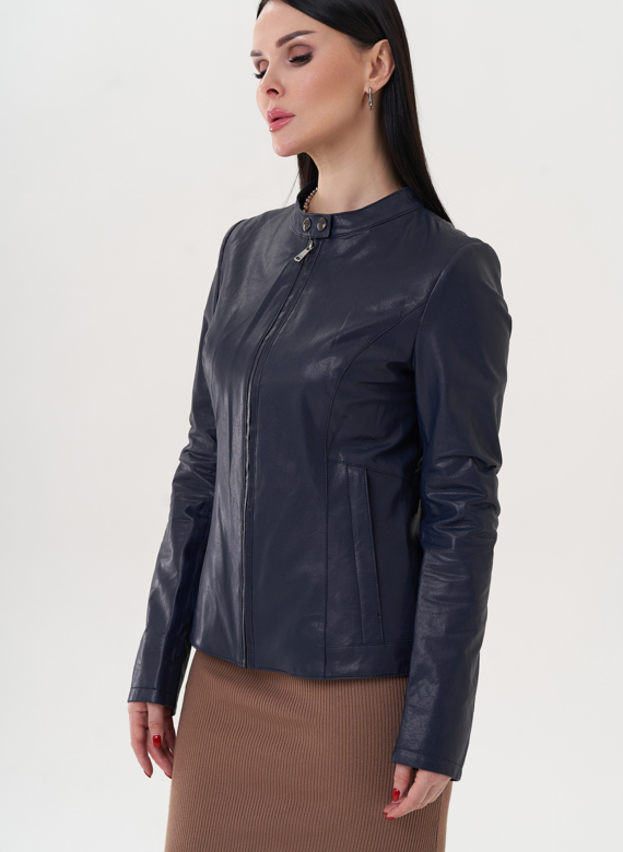 Кожаная куртка "мото" синего цвета