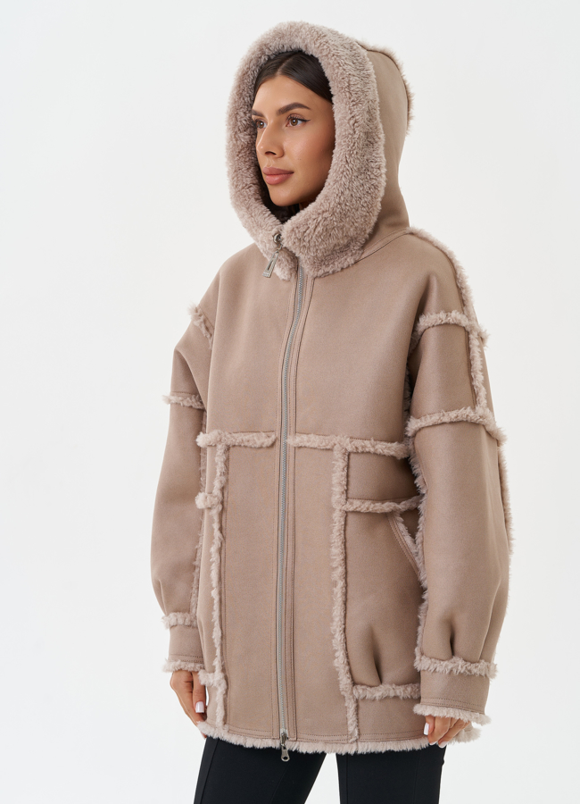 Двухсторонняя эко дубленка с капюшоном модель № 28651 универмаг малина