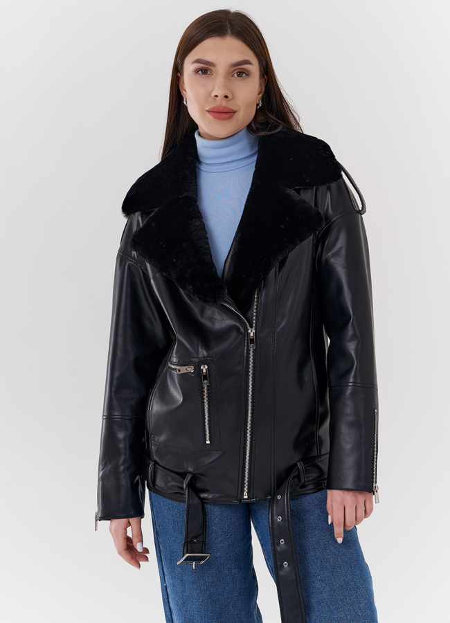 Куртка-косуха из эко кожи на утеплителе с натуральным мутоном модель № 24213 универмаг малина