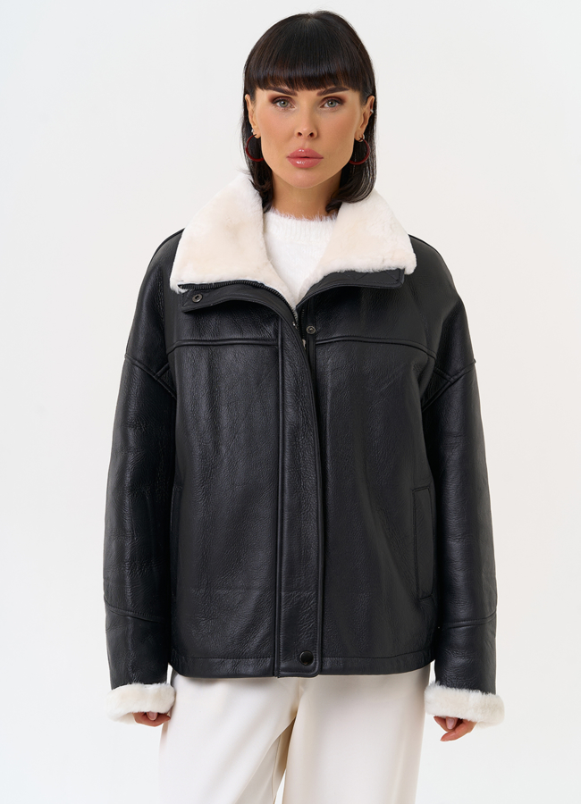 Женская натуральная дубленка черного цвета модель № 31572 в рассрочку