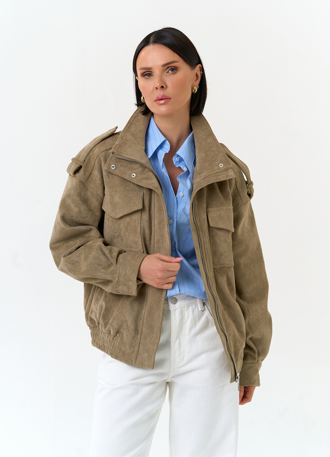 Женская куртка бомбер из эко замши модель № 33161 меха малина