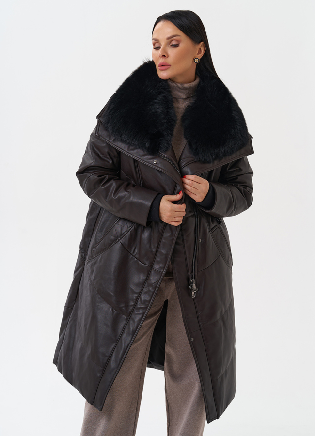 Женский кожаный пуховик с отделкой из натурального меха модель № 28918 меха малина