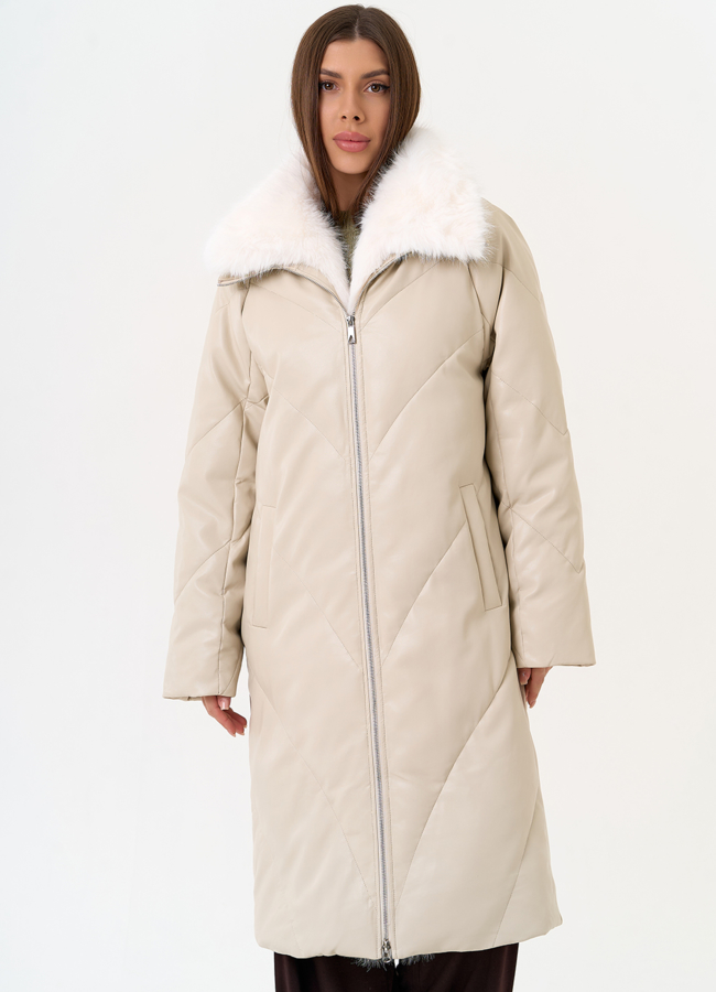 Женский пуховик из эко кожи с отделкой из эко меха модель № 30714 в рассрочку
