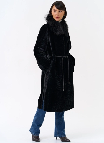 Женская двухстороняя дубленка с воротником из меха чернобурой лисы фото