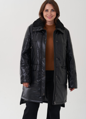 Пуховик из эко кожи с отделкой воротника