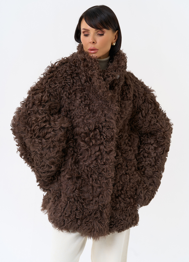 Женская двухсторонняя дубленка с воротником стойкой  модель № 31913 меха малина