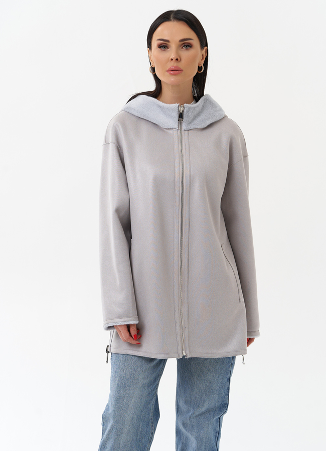 Двухсторонняя дубленка из эко замши с капюшоном модель № 29986 в кредит