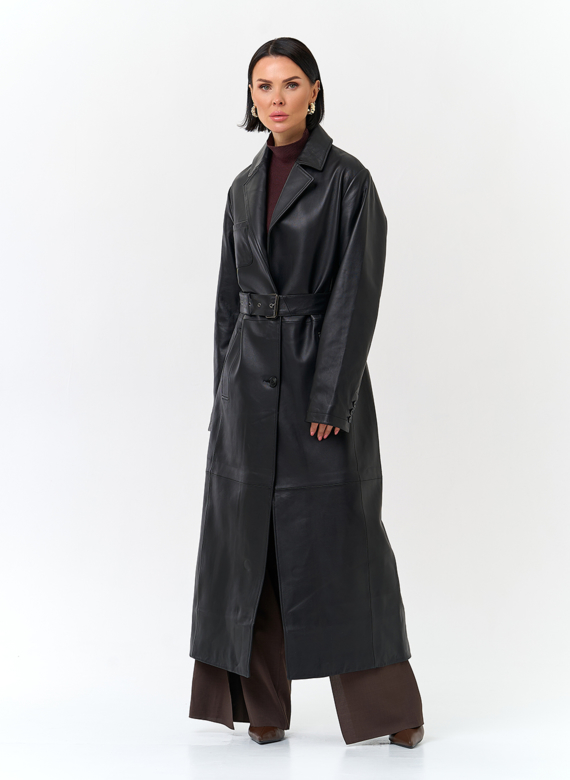 Женский длинный плащ из натуральной кожи