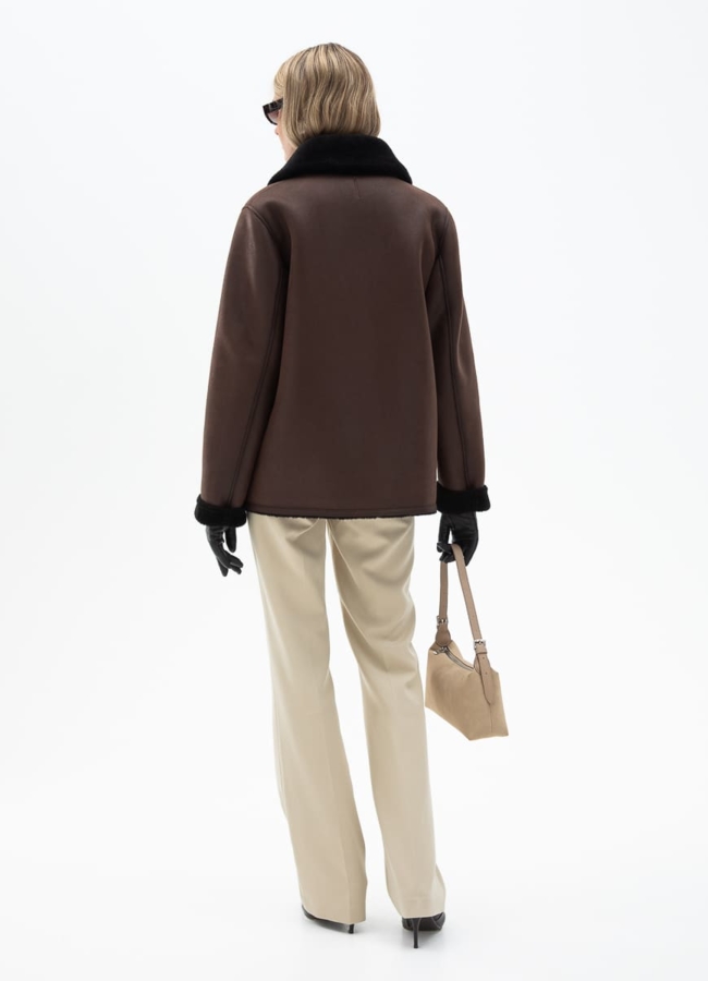 фото Женская двухсторонняя дубленка из эко кожи с английским воротником модель № 31868