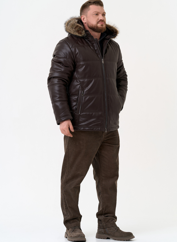 Пуховик из эко кожи с капюшоном из меха енота Пуховик из эко кожи с капюшоном из меха енота