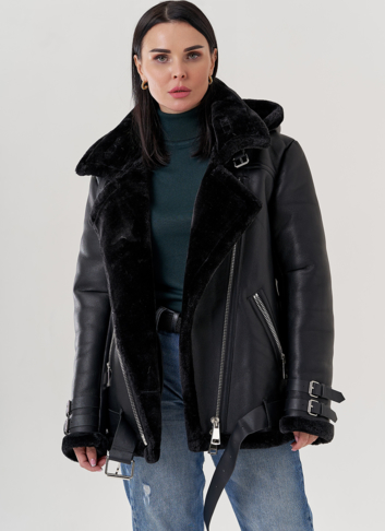 Женская дубленка пилот из эко кожи черно цвета Женская дубленка пилот из эко кожи черно цвета