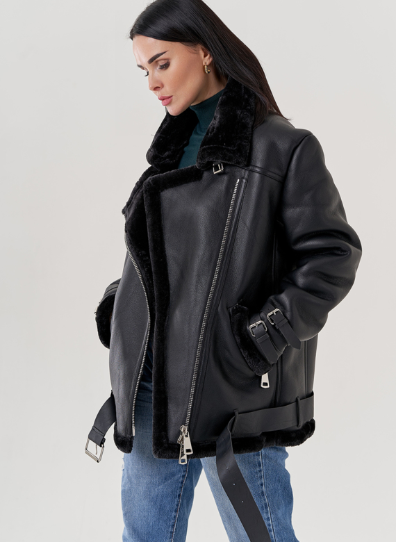 Женская дубленка пилот из эко кожи черно цвета 