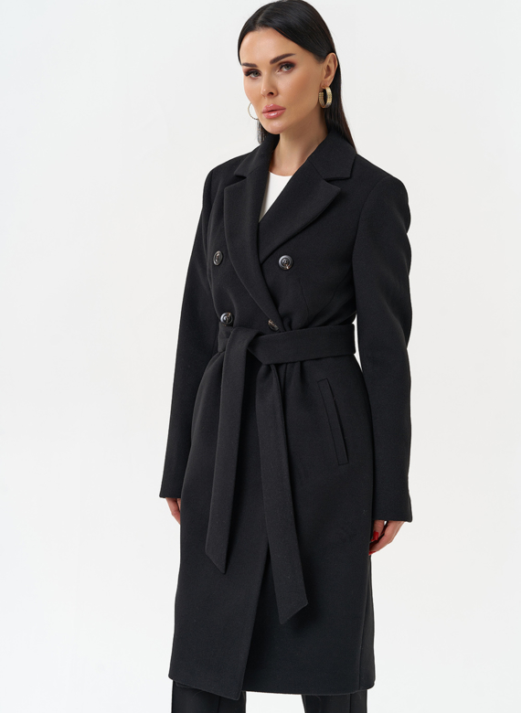 Женское двубортное пальто с поясом