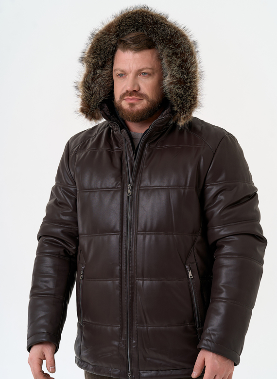 Пуховик из эко кожи с капюшоном из меха енота Пуховик из эко кожи с капюшоном из меха енота