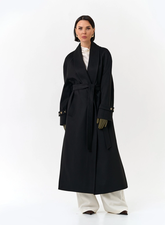 Женское длинное пальто с поясом фото