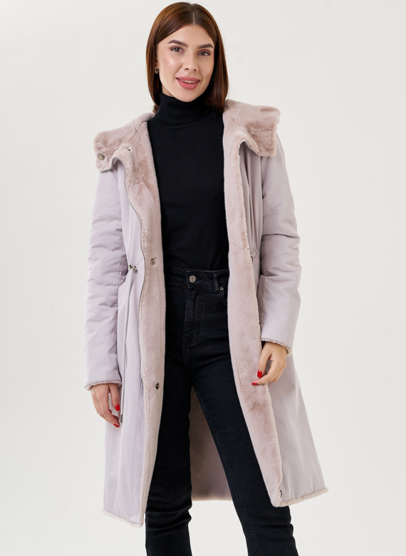 Двухстороннее пальто из эко меха с капюшоном