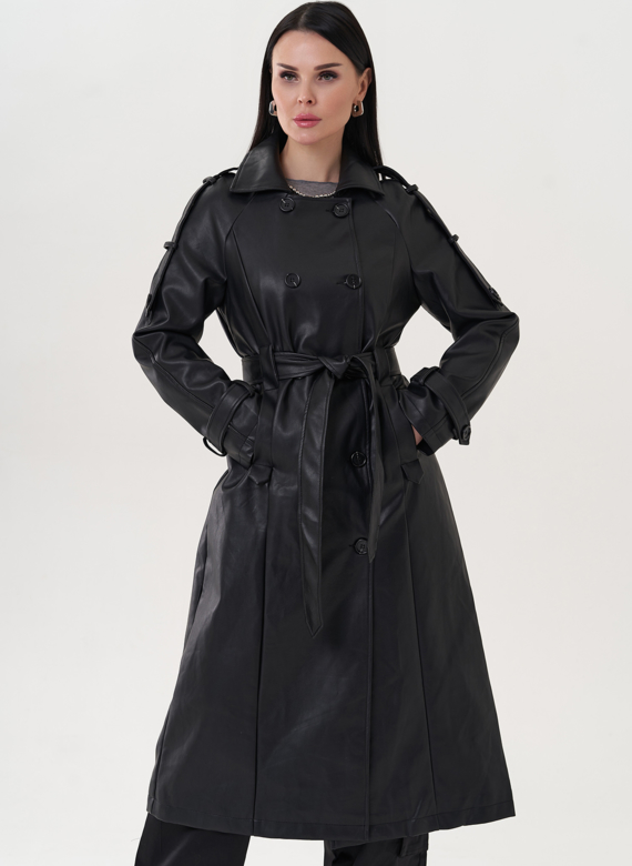 Тренч черного цвета из эко кожи