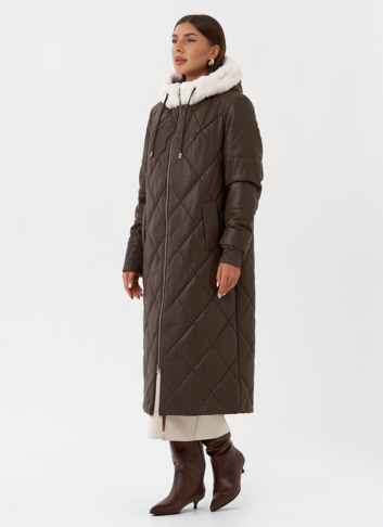 Пуховик из эко кожи с капюшоном