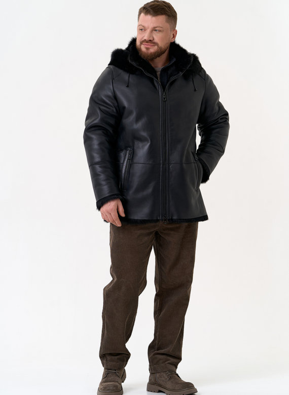 Мужская дубленка черного цвета с капюшоном Мужская дубленка черного цвета с капюшоном