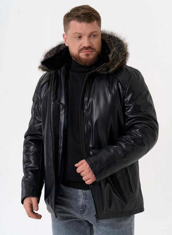 Пуховик из эко кожи с капюшоном из меха енота Пуховик из эко кожи с капюшоном из меха енота