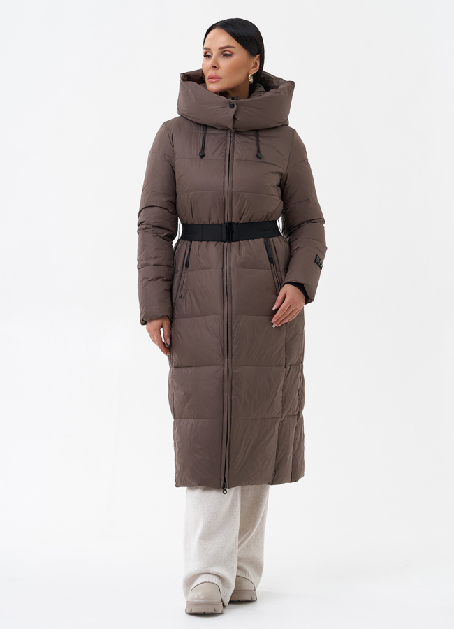 Длинный пуховик бежевого цвета модель № 29185 в рассрочку