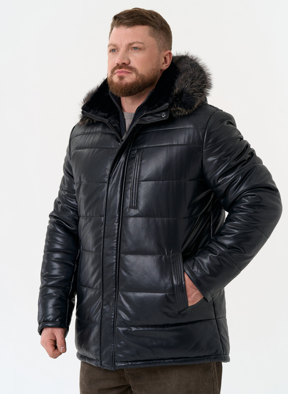 Пуховик из эко кожи с капюшоном из меха енота Пуховик из эко кожи с капюшоном из меха енота