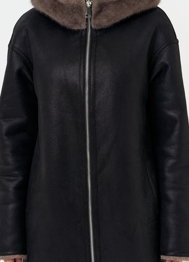 Женская двухсторонняя дубленка из эко замши с капюшоном модель № 31434 универмаг малина