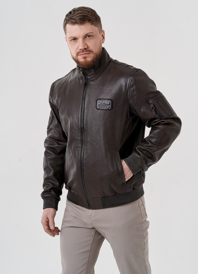 Мужская куртка из натуральной кожи  модель № 24393 меха малина