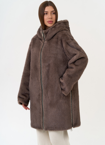 Женская двухсторонняя дубленка из эко замши с капюшоном