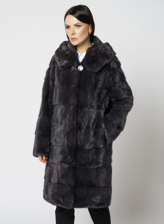 Норковая шуба в цвете графит с капюшоном 
