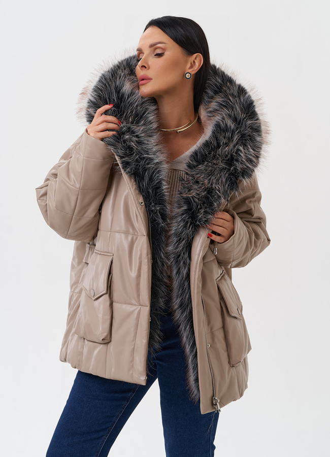 Пуховик из эко кожи с капюшоном из эко меха  модель № 27706 универмаг малина